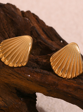 欧美时尚简约复古爆款耳钉套装 不锈钢镀18K金铸造扇贝吊坠项链女