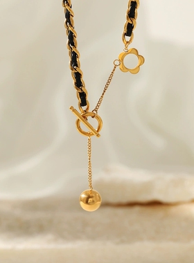 欧美摩登18K气质百搭圆球圈圈项链女 个性嘻哈潮流黑色皮革毛衣链