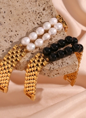 欧美ins摩登简约天然石拼接手环饰品 复古不锈钢13mm宽表带链手链