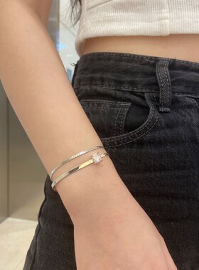 欧美跨境S925纯银手链简约气质百搭锆石方钻双层蛇骨刀片手腕链饰