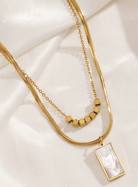 欧美时尚双层叠戴长方形白贝钛钢项链女小众高级感18k金色锁骨链