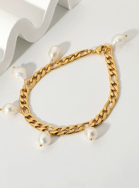 欧美INS18k镀金不锈钢费加罗链手链 淡水巴洛克式6珍珠下垂手链女