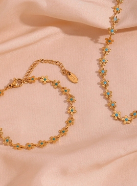 欧美时尚个性复古手链套装 不锈钢镀18K蓝色滴油小花手工链项链女