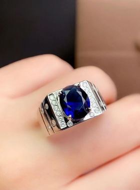 纯银大气宝蓝色活口男友礼物指环