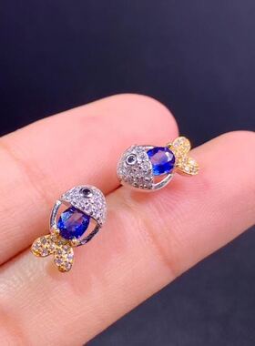 斯里兰卡925银镀白金蓝宝石耳钉
