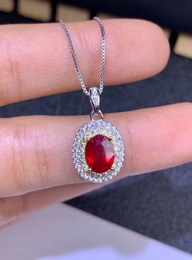 克拉红宝石纯银镀18k白金吊坠