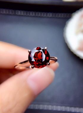纯银四爪镀18k玫瑰金石榴石戒指