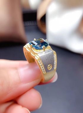 天然伦敦蓝纯银精工镶嵌男士戒指