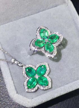 925银镀18k白金绿宝石首饰套装