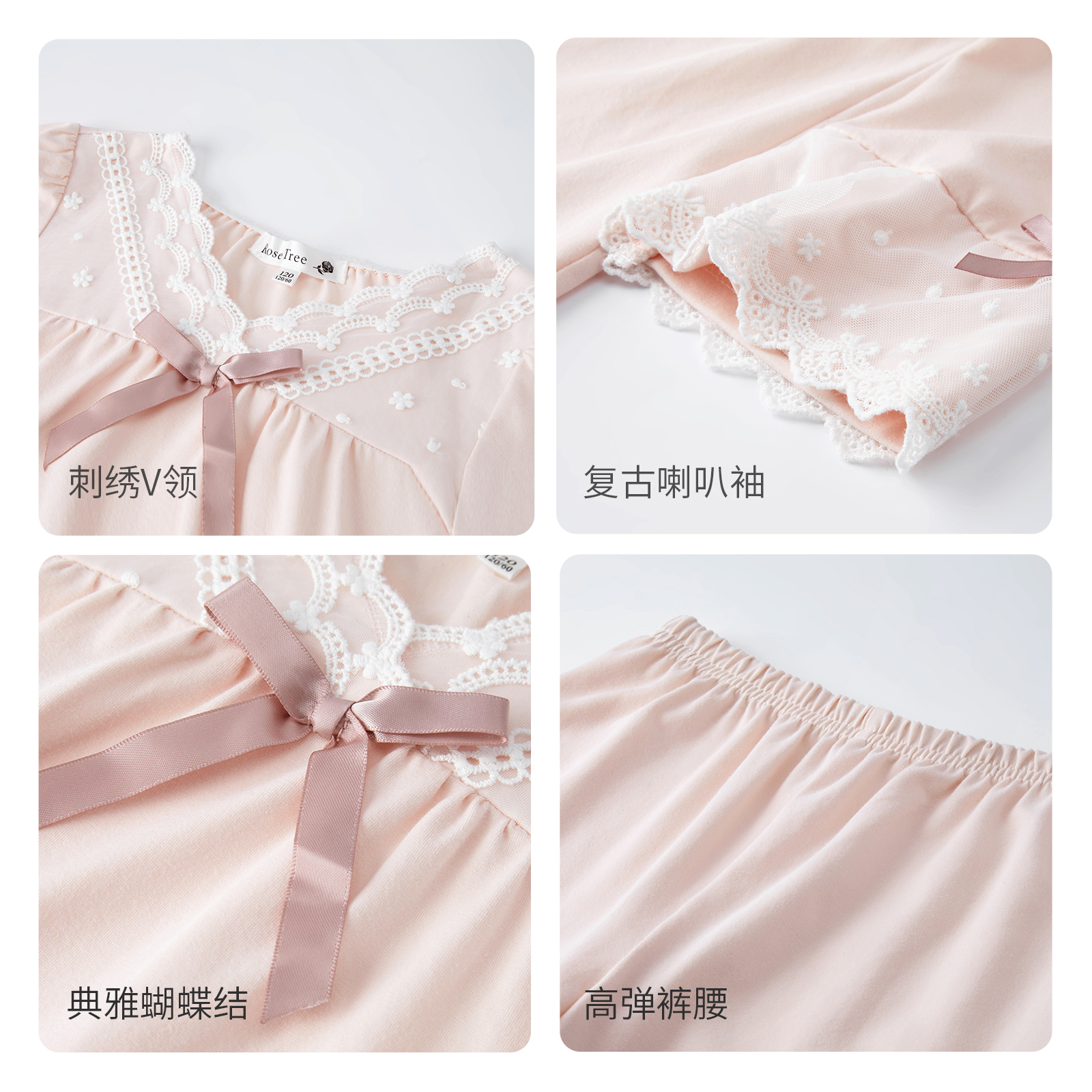 Rosetree女童睡衣纯棉公主风套装女孩春秋长袖长裤宝宝儿童家居服 - 图2