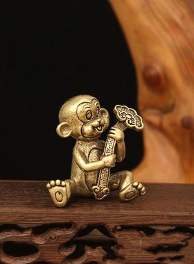 新款实心猴抱如意摆件黄铜家居客厅办公室桌面茶宠装饰礼品工艺品