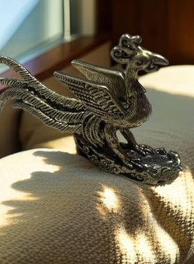 黄铜实心凤凰摆件书房办公桌面茶宠欢喜凤凰手把件创意小铜器