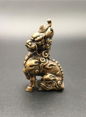 复古实心纯黄铜办公桌面车载小摆件招财貔貅随身工艺品手把玩件