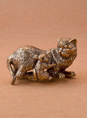 黄铜欢喜冤家猫和老鼠茶道创意工艺桌面装饰居家十二生肖铜摆件