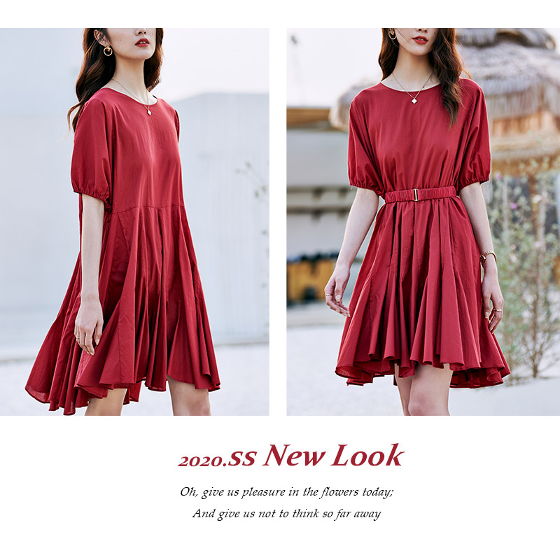 初棉大裙摆纯棉红色收腰连衣裙 初棉连衣裙