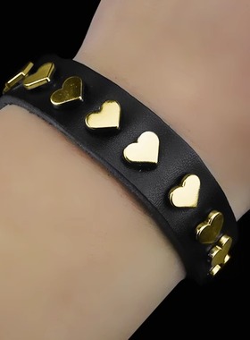 爱心黑色柔软二层皮朋克细窄手链