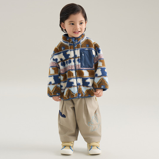 【两面穿】papa爬爬冬季新品儿童外套男女童加厚摇粒绒保暖宽松