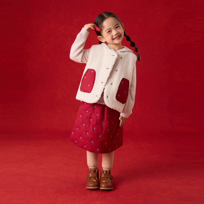 【新品】papa爬爬冬季儿童裙子半身裙松紧腰绣花毛绒口袋可爱新年,淘宝优惠券,粉丝福利购,淘宝优惠卷