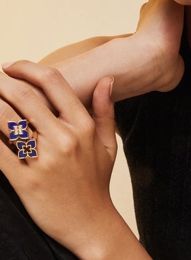 时尚欧美幸运四叶草贝壳玛瑙镶钻四瓣花戒指气质简约百搭菱形戒指