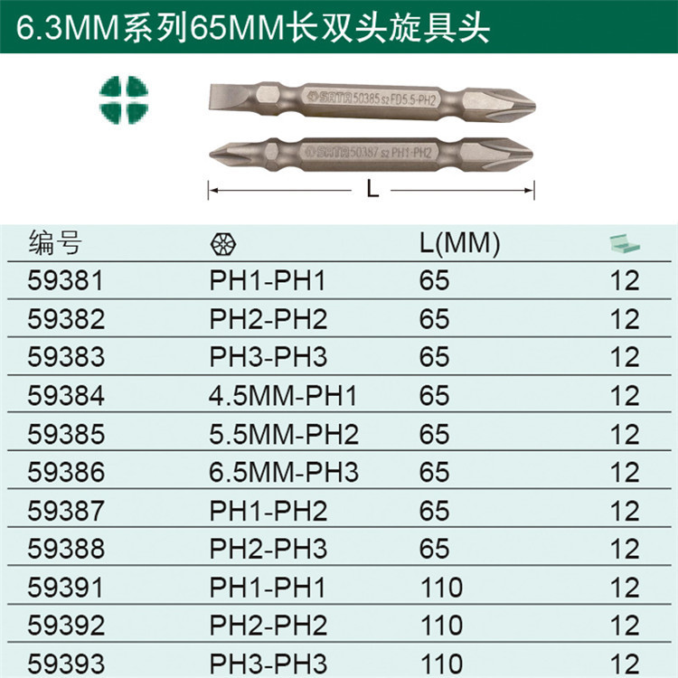 世达电钻批头6.3MM系列双头旋具头59381 59382 59383 59384 59385 - 图0