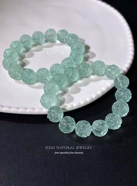 巨美巨推荐天然薄荷曼波绿萤石手链回纹珠雕刻珠手串文玩女生礼物