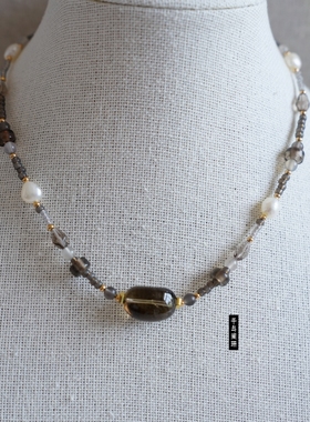 夏天美拉德风天然茶晶珍珠项链手工串珠女时尚项链民族风锁骨颈链