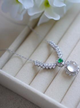 中式国风蛋面女天然纯银水沫玉百搭气质吊坠项链翡翠四叶草耳钉