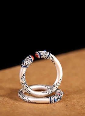 开口唐草纹戒指999足银