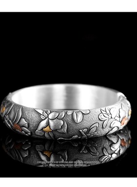 纯手工足银999大气金海棠手镯