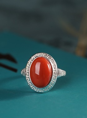 复古S925纯银南红戒指