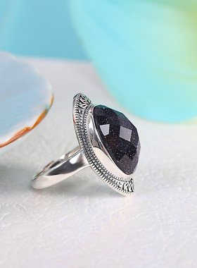 纯银蓝砂石戒指复古时尚