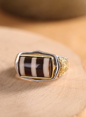 复古925纯银天珠戒指男款开口民族风藏式指环玛瑙女手饰做旧饰品