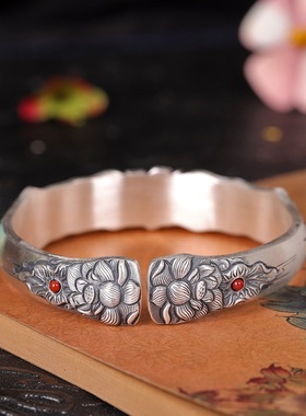 纯手工足银手镯佛手莲花錾刻礼物