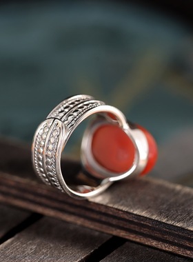 时尚大气S925纯银南红戒指礼物