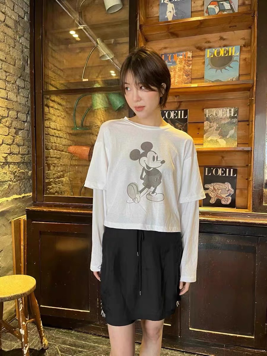 现韩国东大门代购女jane birkin2024年春季新款假两件米奇长袖T恤