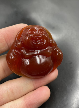 四海玉器 天然正品红玛瑙大肚佛 深工雕刻大号红色玉髓弥勒佛挂件