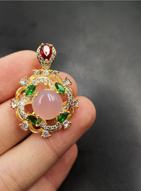 四海玉器925银镶嵌粉玉髓绿色