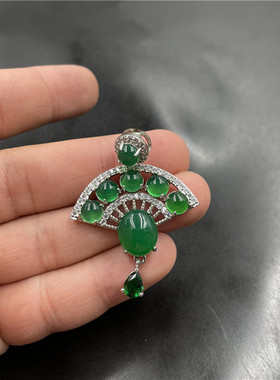 四海玉器925银镶嵌翠绿色扇子