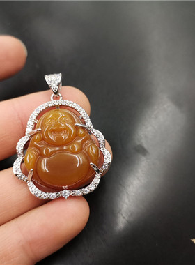 镶嵌玉髓玛瑙吊坠黄色大肚佛挂件