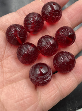 四海玉器 优化二代血珀回纹雕花圆珠散珠 红色琥珀蜜蜡珠子散批
