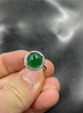 四海玉器 镶嵌绿玉髓戒指 女款活扣可伸缩绿色玛瑙戒圈 指环