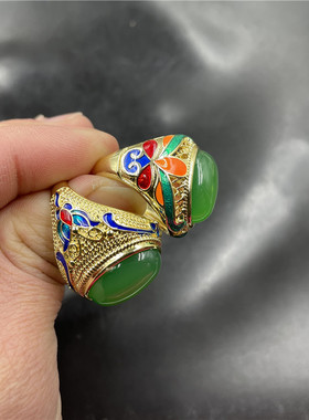 景泰蓝镶嵌冰种绿玉髓戒指 男款活扣可伸缩翠绿色玛瑙指环 戒圈