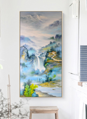 新中式风喷绘流水生财玄关装饰画