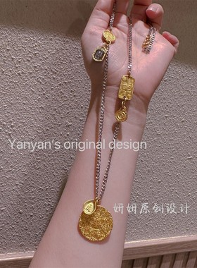 新款鉴刻黄财神扎吉拉姆吊坠电镀链条古法沙金配件项链男女同款