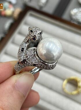 STINA新款欧美感珍珠豹子戒指女
