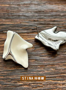 STINA韩系简约褶皱白色滴油耳钉