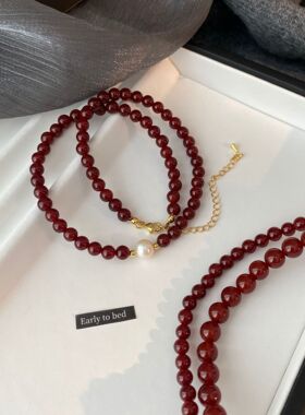 STINA新中式复古红串珠项链女高