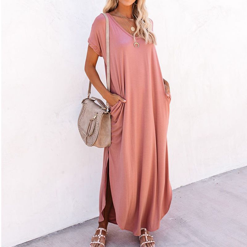 summer dress solid color loose long skirt women 纯色连衣裙 - 图0