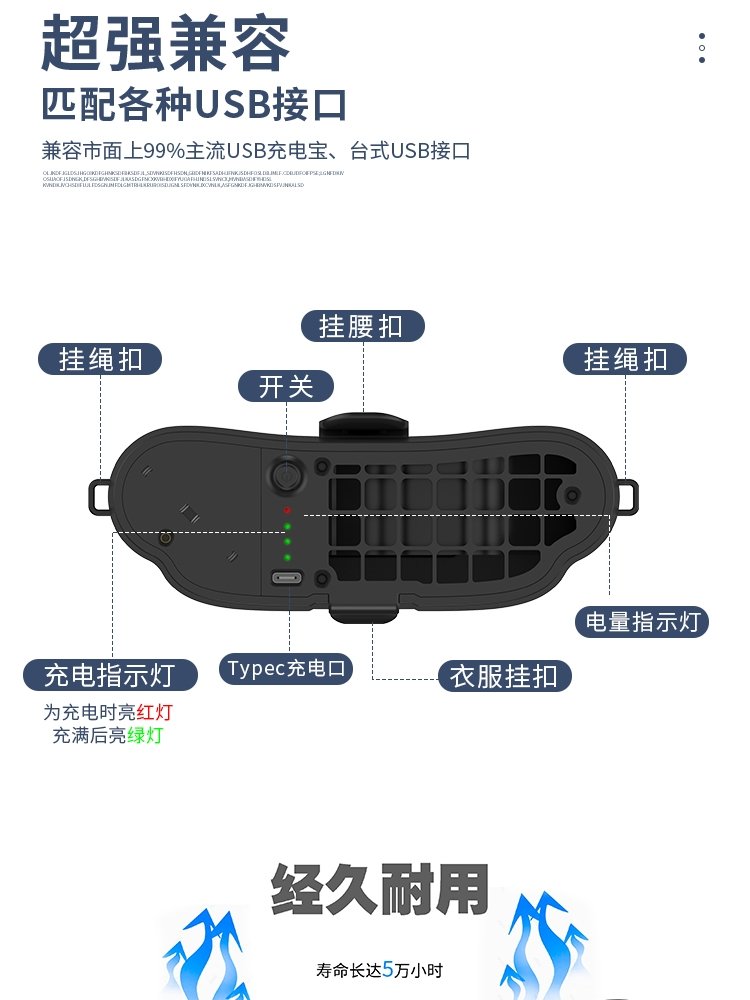 超长寿命静音无刷挂腰风扇大风力Type-C快充电迷你轻薄好超长续航