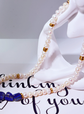 时尚淡水珍珠天然石串珠项链夏季小清新度假项链手链套装原创首饰